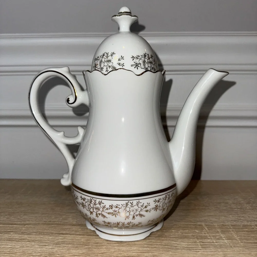 VTG 25Th Anniversary Tea Coffee Pot‎ AB-190 Norcrest Chatillon White Gold Japan